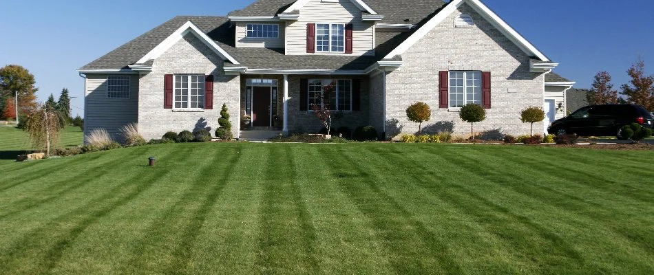 Freshly mowed lawn with striping in Wake Forest, NC, and a house.