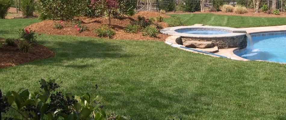 Healthy green lawn in Fearrington, NC, near a pool.