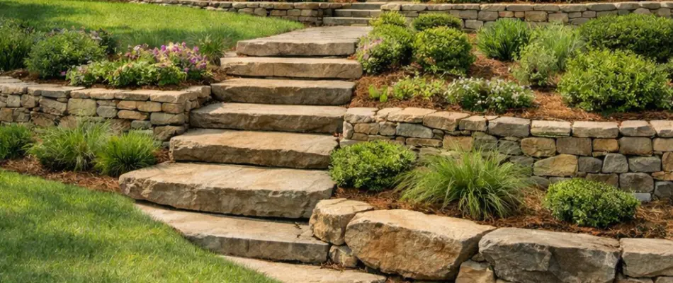 Outdoor steps and retaining walls with plants in Cary, NC.