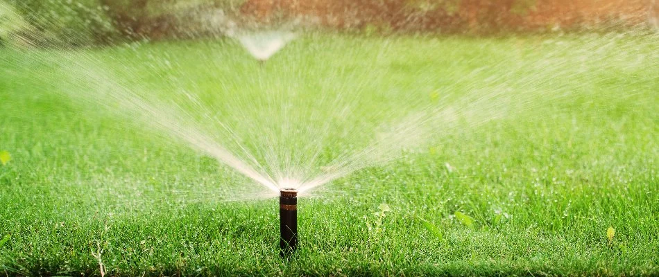Green grass in Governors Club, NC, with irrigation sprinkler head.